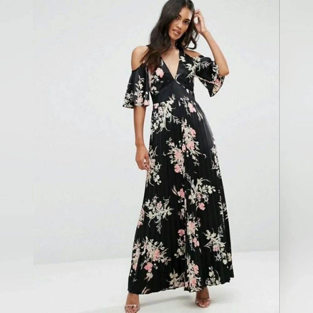 ASOS Cold Shoulder Maxi Dress in Satin Floral Print size 6